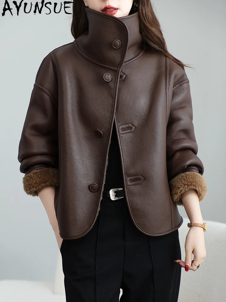 AYUNSUE 100% manteau de laine femmes 2025 vêtements d'hiver femme fourrure intégrée Пajiто Жletiе nouveau dans les manteaux moto et veste de motard