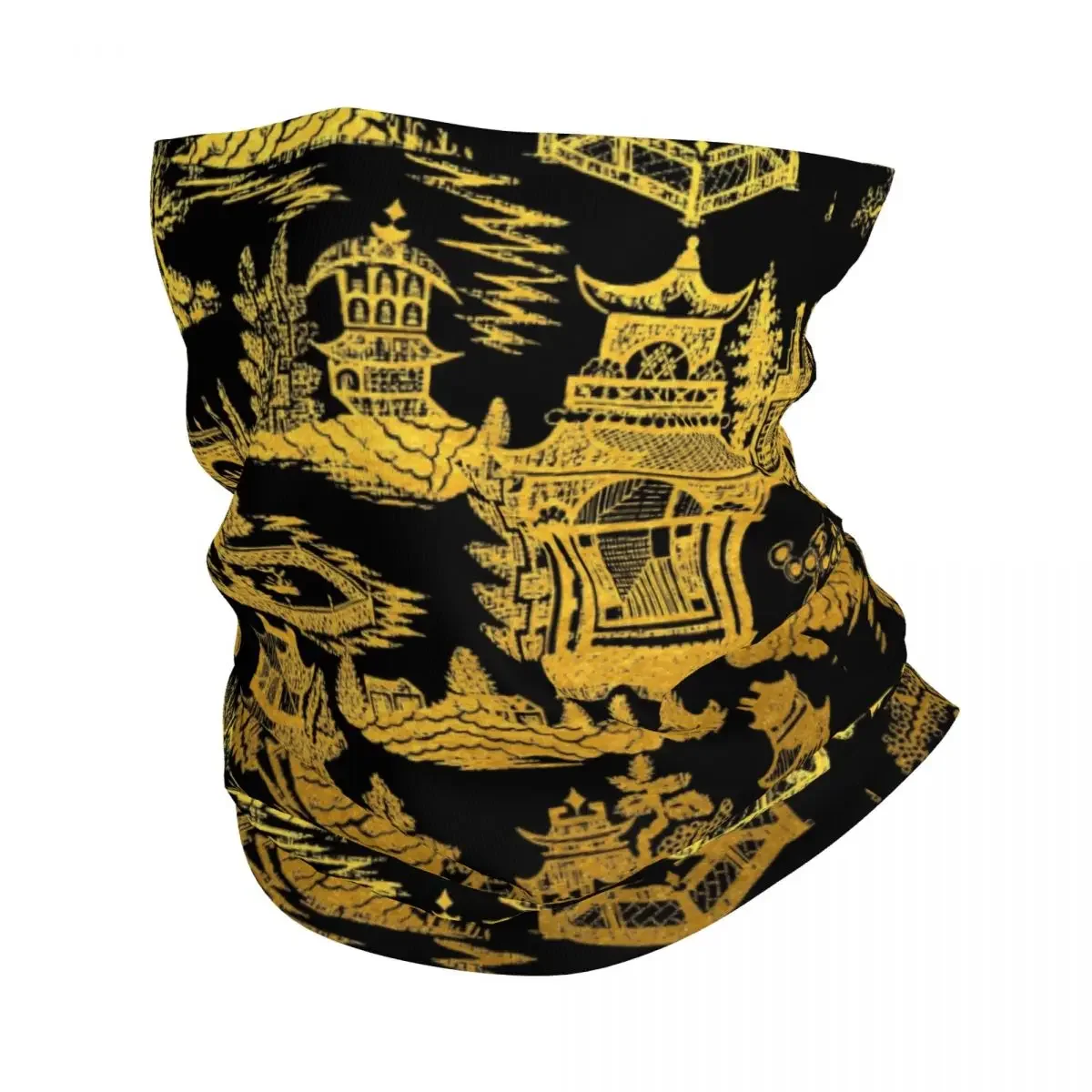 Gold Black Chinoiserie Pagoda Neck Gaiter Women Men UV Protection Winter Willow Pattern Bandana Scarf for Cycling