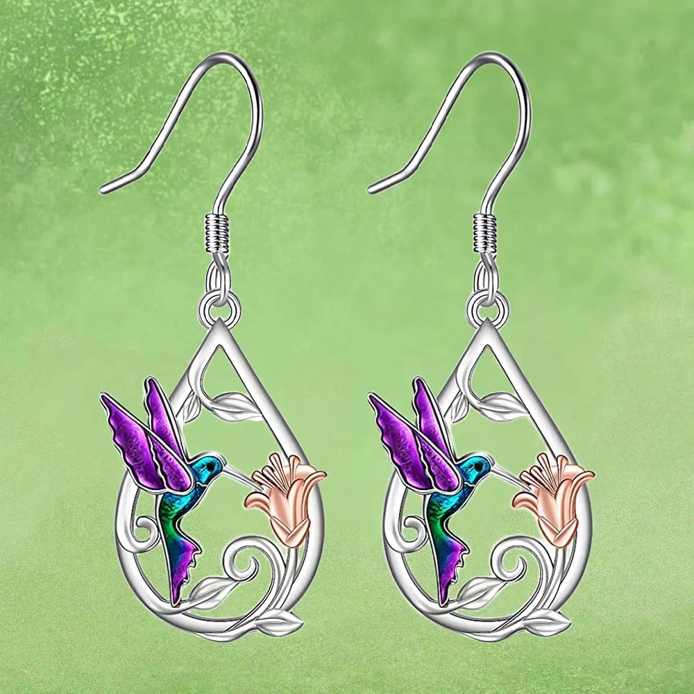 1 Pair Hummingbird with Flower Pattern Water Drop Earrings, Great Christmas Halloween Thanksgiving Day Gift,Valentine's Day Gift