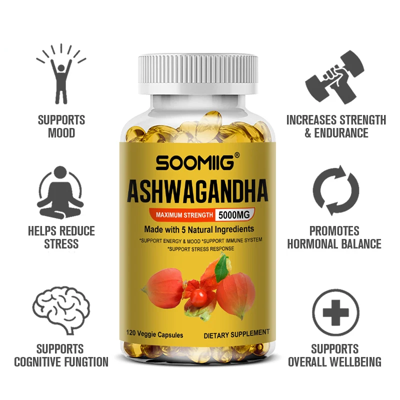 Natural Ashwagandha 5000 Mg Vegetarian Capsules Pure Ashwagandha Root Extract for Mood and Stress, Immunity, Brain and Memory