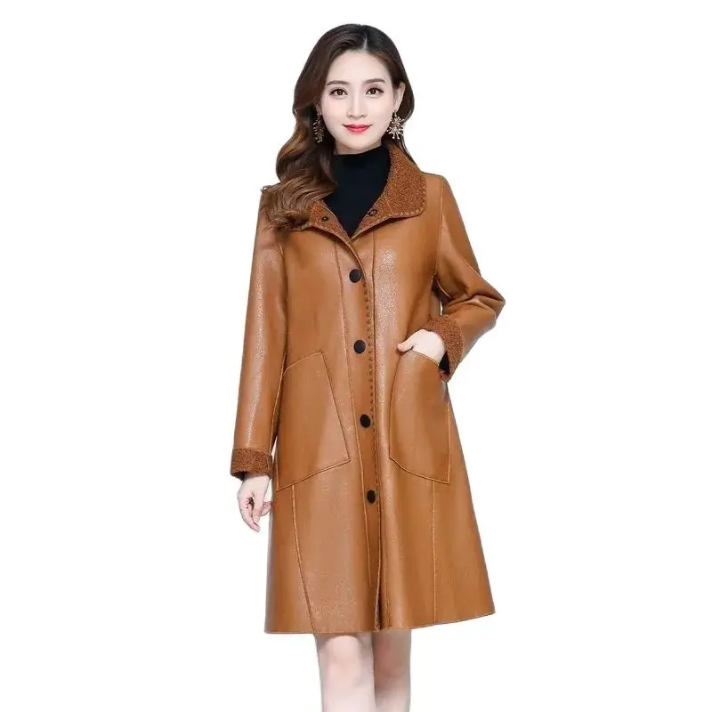 Veste en cuir mi-longue pour femme, manteau coupe-vent, velours ajouté, cheveux de peau, un corps, mode féminine, automne, hiver, nouveau