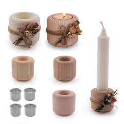 New Cylindrical Candlestick Silicone Mold Diy Stripe Glossy Tealight Base Candle Holder Mold Small Pen Holder Gypsum Cement Mold