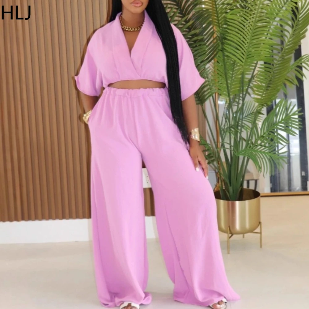 

HLJ Fashion 2 Pieces Set for Woman Outfits Solid Short Sleeve V-neck Crop Top and Wide Leg Pants Matching Suit Female Streetwear