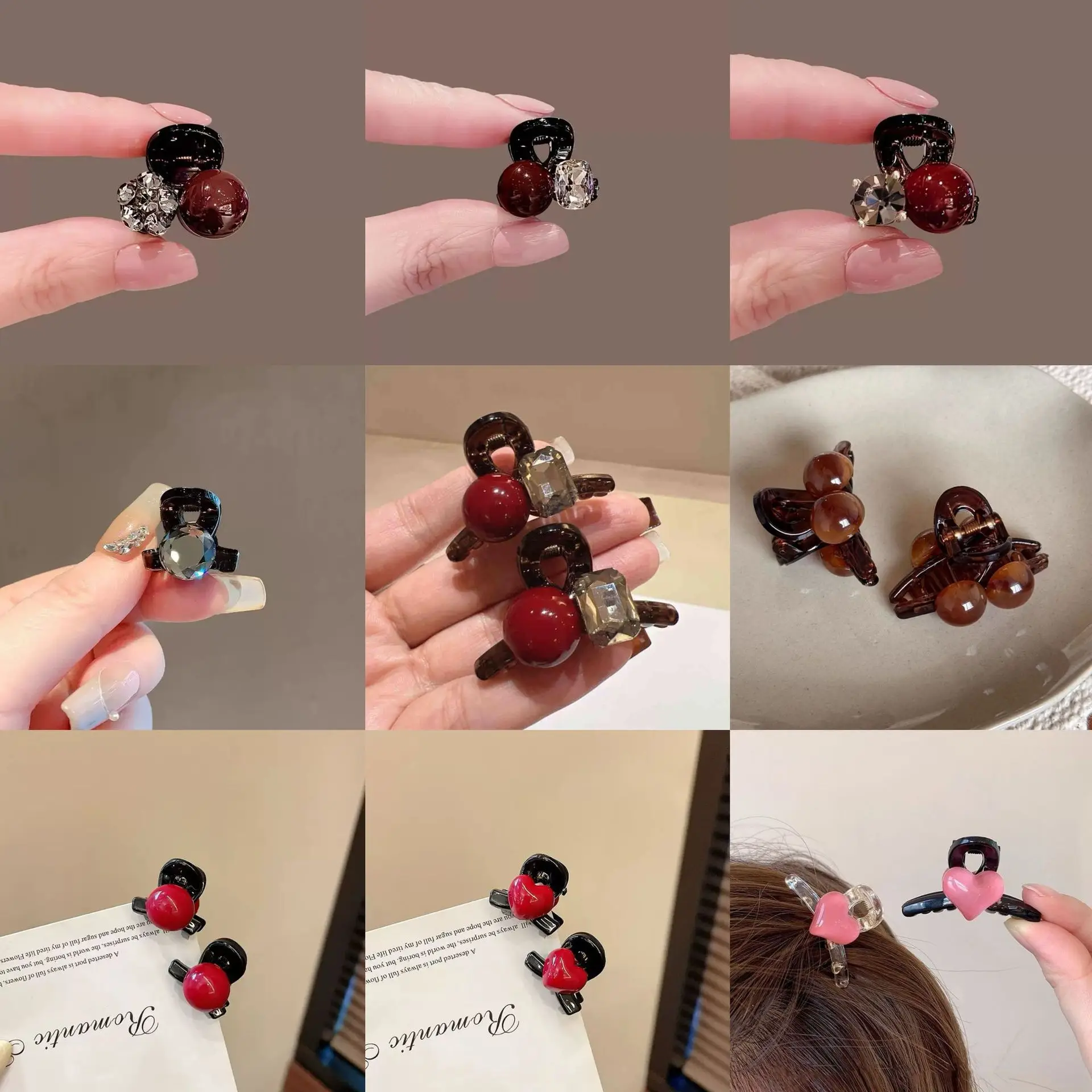 Red Rhinestone Pearl Small Hair Claw Women Girls Sweet Mini Grab Clip Acrylic Geometric Black Hair Claw Hairpin Hair Accessories
