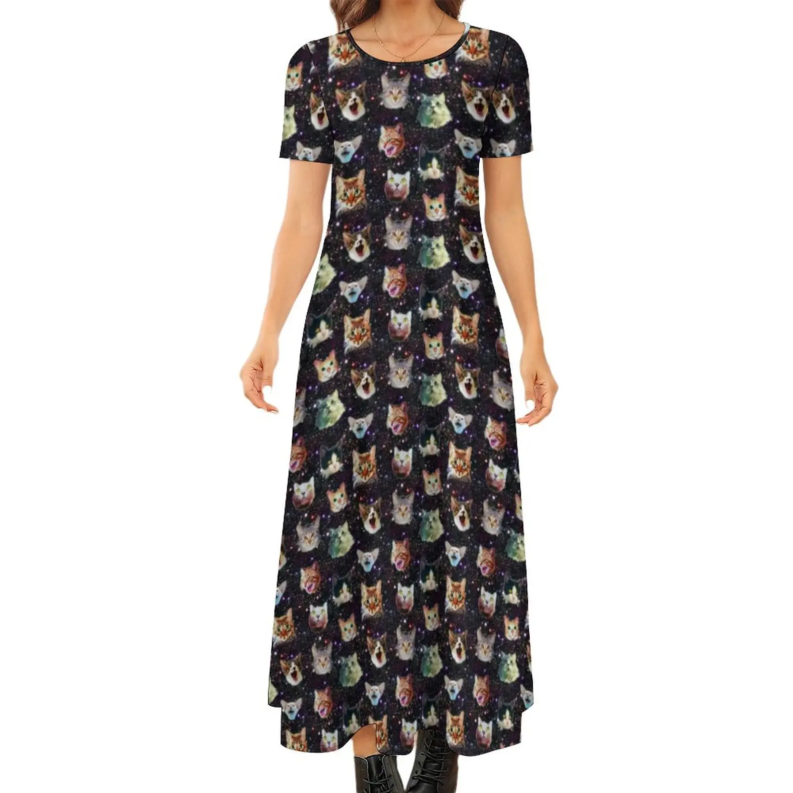 

Star Galaxy Print Dress Funny Cat Heads Street Style Bohemia Long Dresses Female Elegant Maxi Dress Large Size