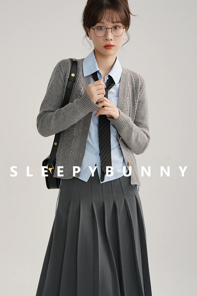 Vintage-Inspired Cable Knit Cardigan and Pleated Skirt Set – Chic Preppy Style with Drawstring Shirt and Embroidered Detailing