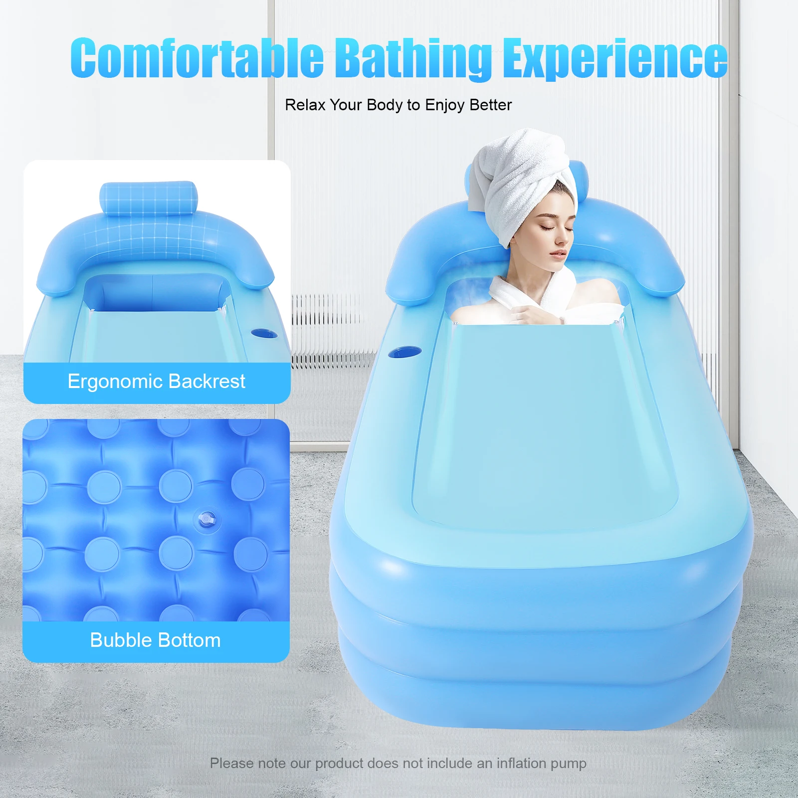 Baignoire gonflable portable pliable avec dossier ergonomique, couvercle à fermeture éclair, en PVC épaissi pour la maison, l'appartement et le jardin