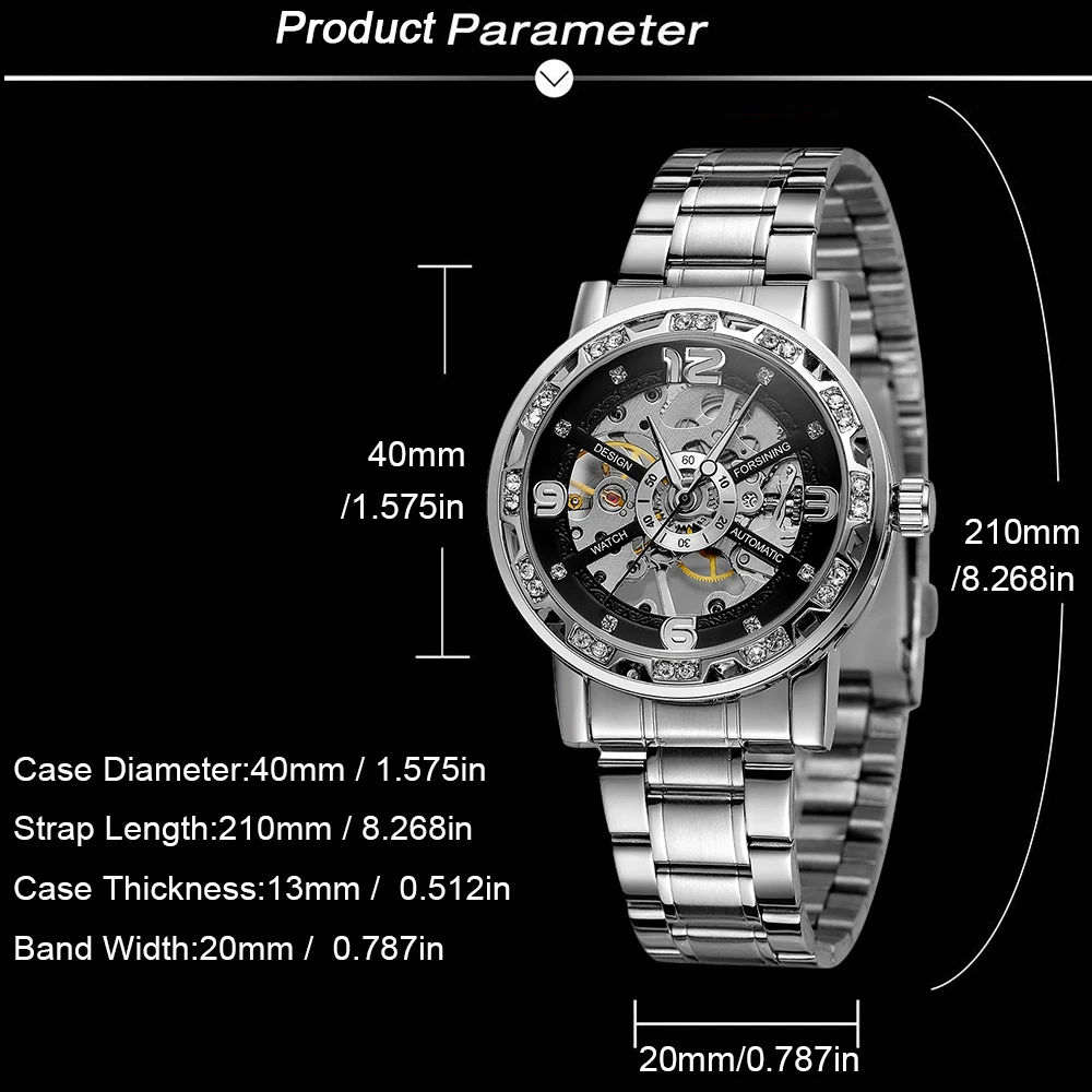 FORSINING Klassische Business Herrenuhren Skeleton Mechanische Strass Leuchtzeiger Stahl Luxus Gravur Mann Armbanduhren