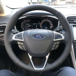 Dla Ford Mondeo Fusion 2013-2019 EDGE 2015-2019 dostosuj DIY czarna skóra z mikrofibry pokrywa na kierownicę samochodu ręcznie szyta