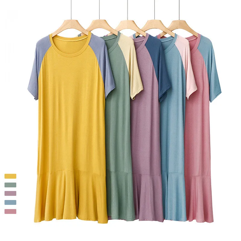 

Modal Patchwork Color Nightgown for Women Baggy Mermaid Sleepwear Female Home Dressing Gown Loose Sleepshirt Loungewear