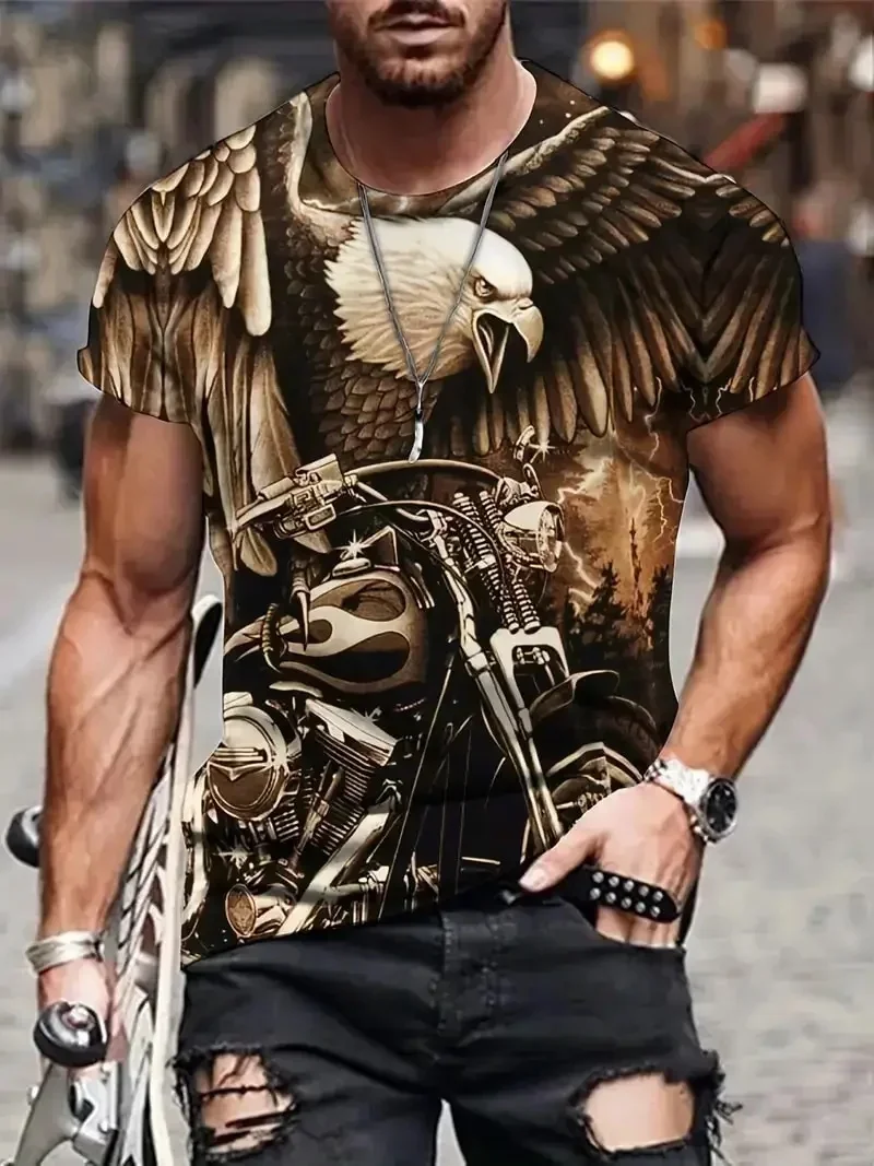 

Men's Classic Retro Motorcycle Pattern Printed T-shirt New Summer Round Neck Short Sleeve Street Large T-shirt Loose Top T-shirt