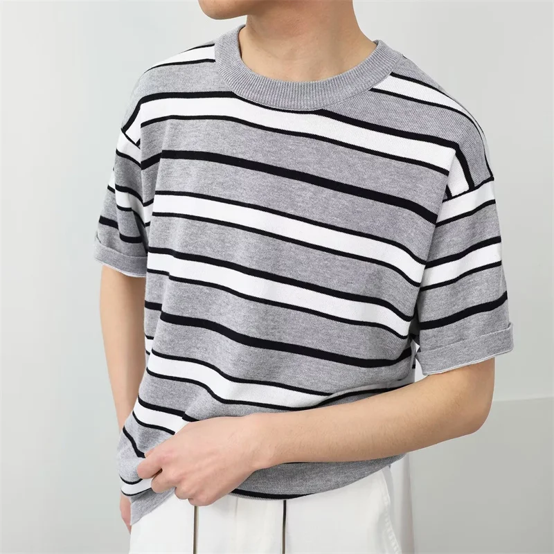 New Short Sleeve Knit Striped T-shirts For Men Casual Cotton Base Shirt 2024 Summer Oversized Y2K Tee Tops Streetwear Clothes