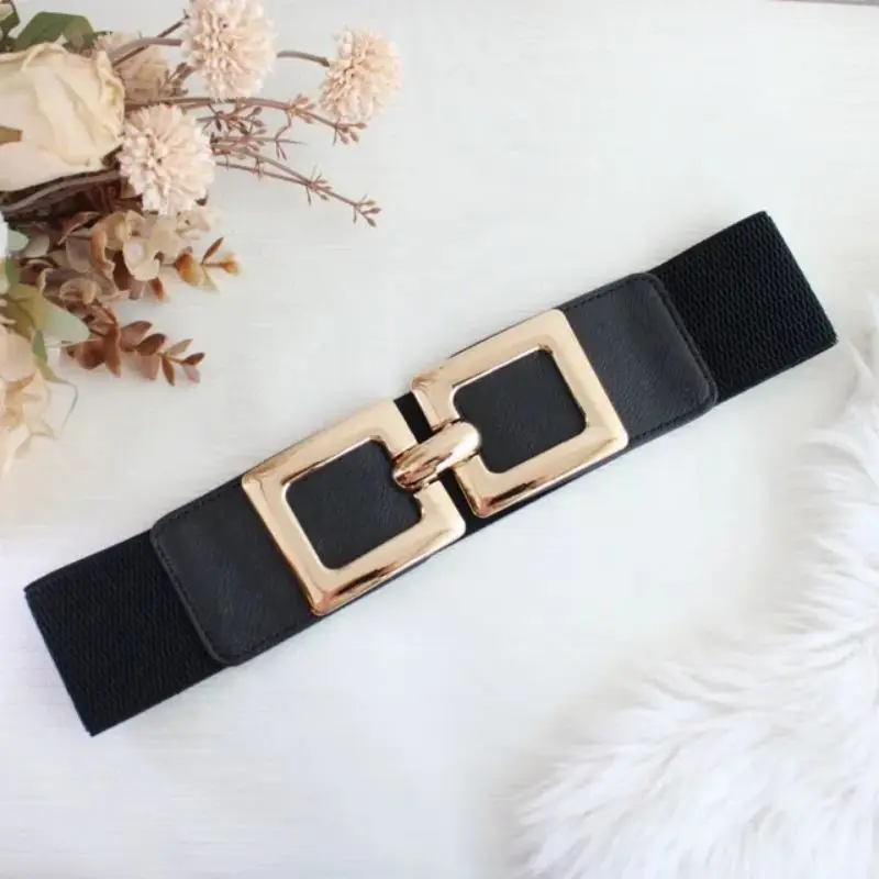 Wide Stretchy Elastic Cinch Gold Waist Belts With Gold Big Alloy Buckle for Women Fashion Accessories