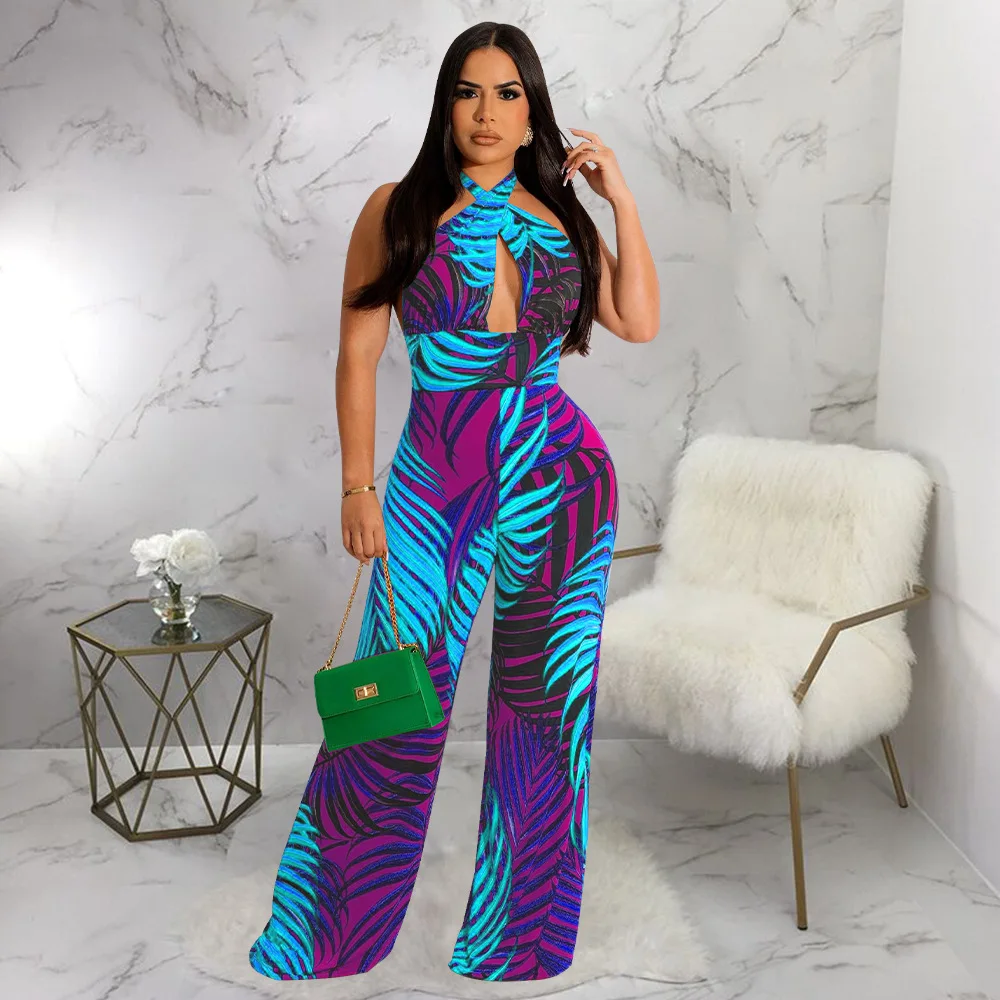 Women Outfits Tropical Print Halter Strap Backless Sleeveless Jumpsuit Women Summer Jumpsuit Sexy Hollow out Summer Beach Wear