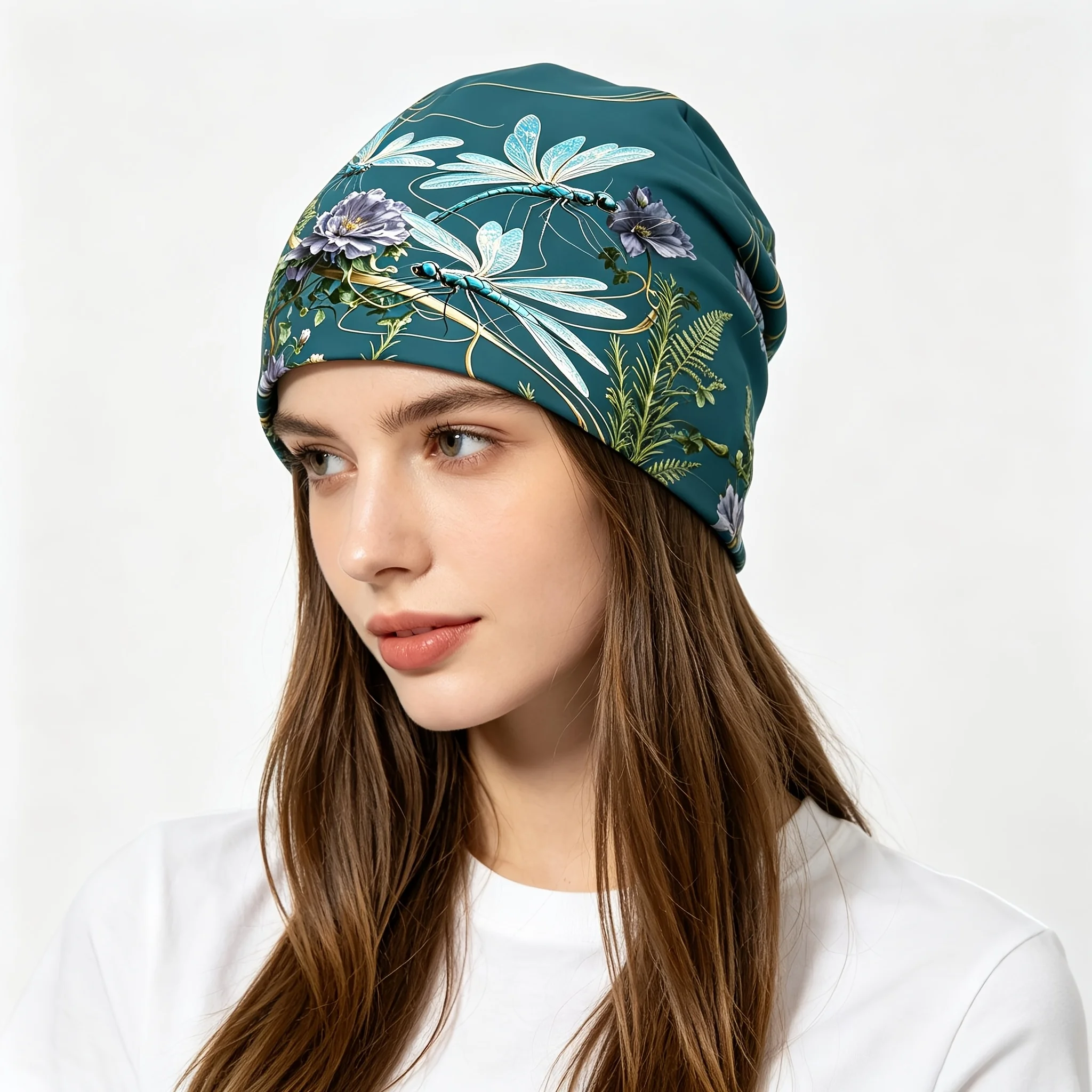 Customization Teal Background Cyan Transparent Wing Dragonfly Purple Peony Fern Vine Slouchy Beanie For Women, Soft Stretch Mult