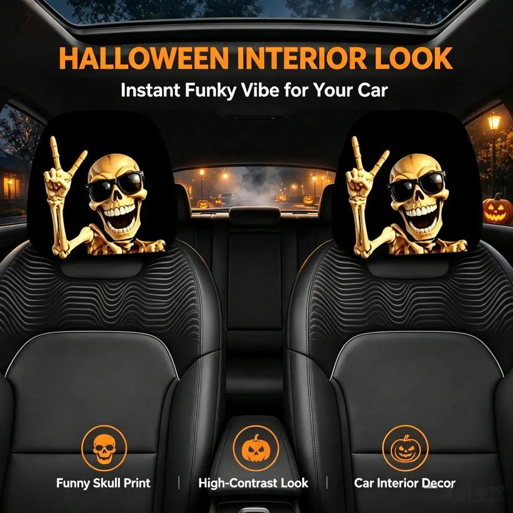 2 Pcs Trendy Skeleton Headrest Cover Set Hip Hop Skull Design Stretch Fabric Universal Car Interior Decoration