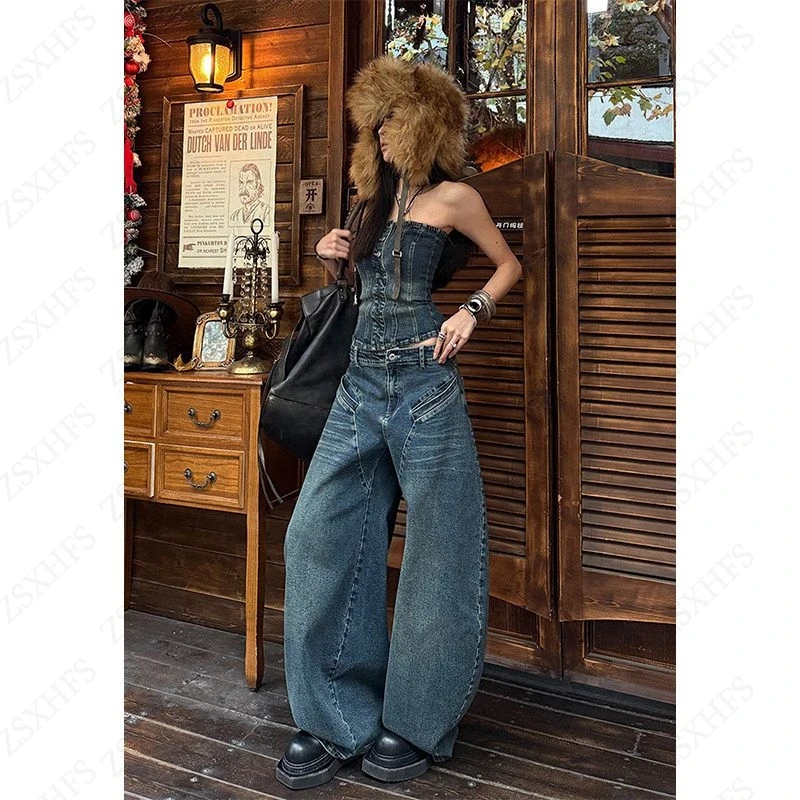 Gothic Loose Cargo Pants Women High Waist Wide Leg Full Length Grunge All Seasons Long Pants Trousers with Pockets Casual Jeans