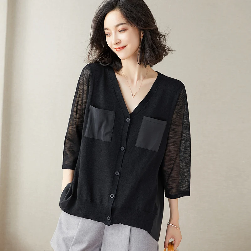 

High Quality Women Thin Knitwear 2022 Summer Patchwork Hollow Out Sweater Cardigan Ladies Single Breasted Knit Outwear