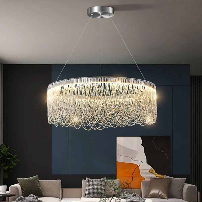 

New Chrome Modern Fringe Chandelier Lighting Living Room 2024 Round Bedroom Lustre Tassel Aluminum Chain Lamp Oval Kitchen Light