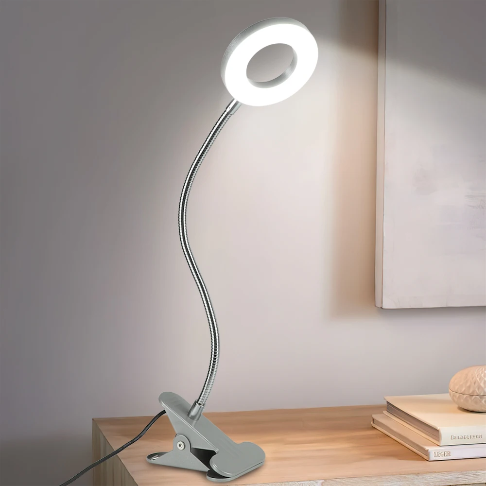 Silver 6W LED USB Clip-On Reading Lamp, Switchable Light Colors  with Adapter, Aluminum Desks, for Books and Desks