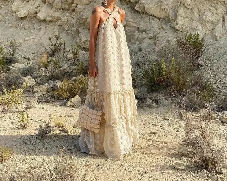 

Summer New Chic Sexy Hanging Neck Women Dress 3D Flower Sleeveless Solid Color Female Dresses