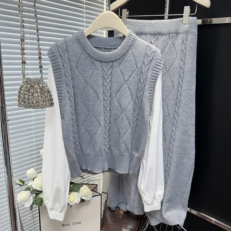 

Korean Retro Knitted Suit Women's 2025 Autumn Winter New Lazy Style Pullover Sweater and Long Skirt Casual Two-piece Sets Ladies