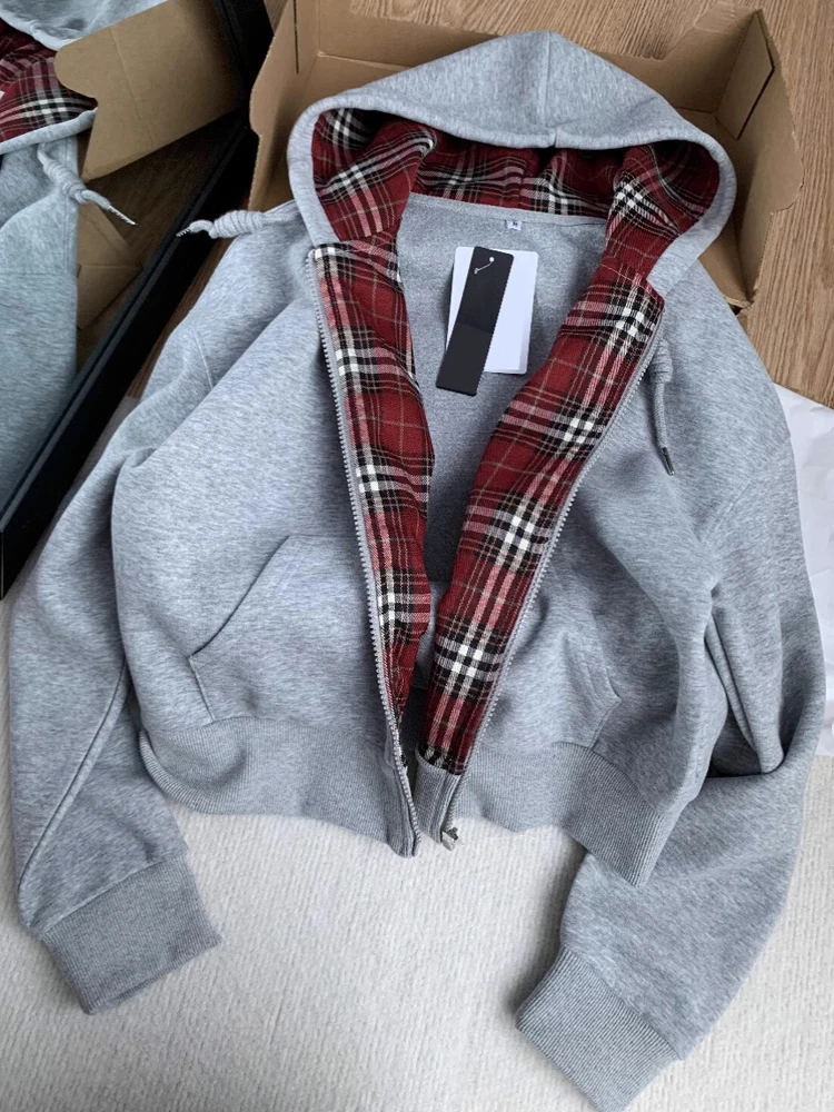 S-XL Baumwolle 100% Plaid Streifen Hoodie Zipper Strickjacke Sweatshirt Herbst Winter Neue Stil Lose Langarm Casual Streetwear Y2k