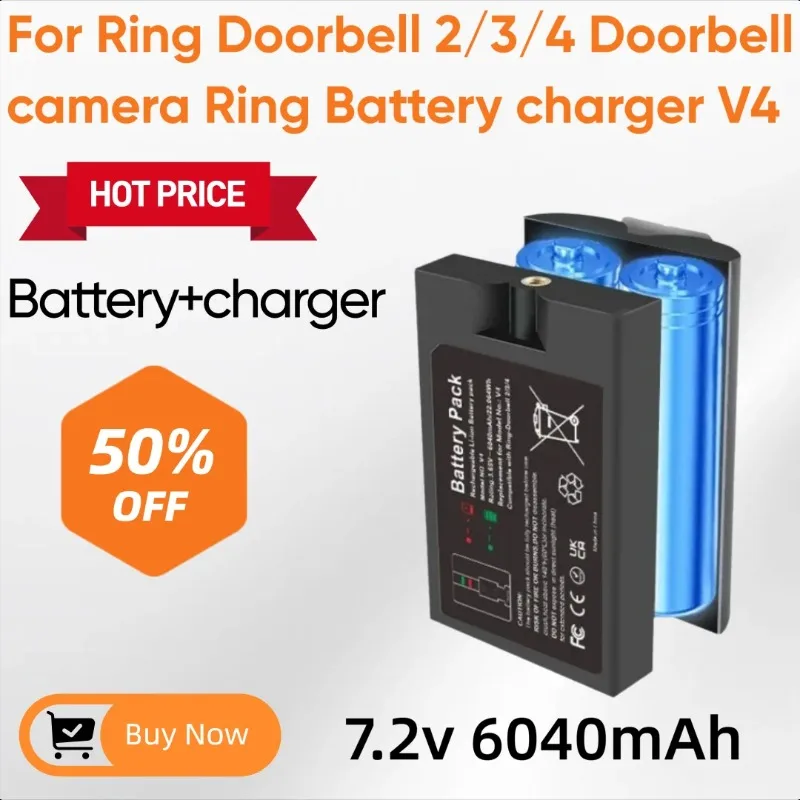 

7.2V 6040mAh Battery + Charger for Ring Doorbell 2/3/4 Doorbell Camera Ring Battery Charger V4