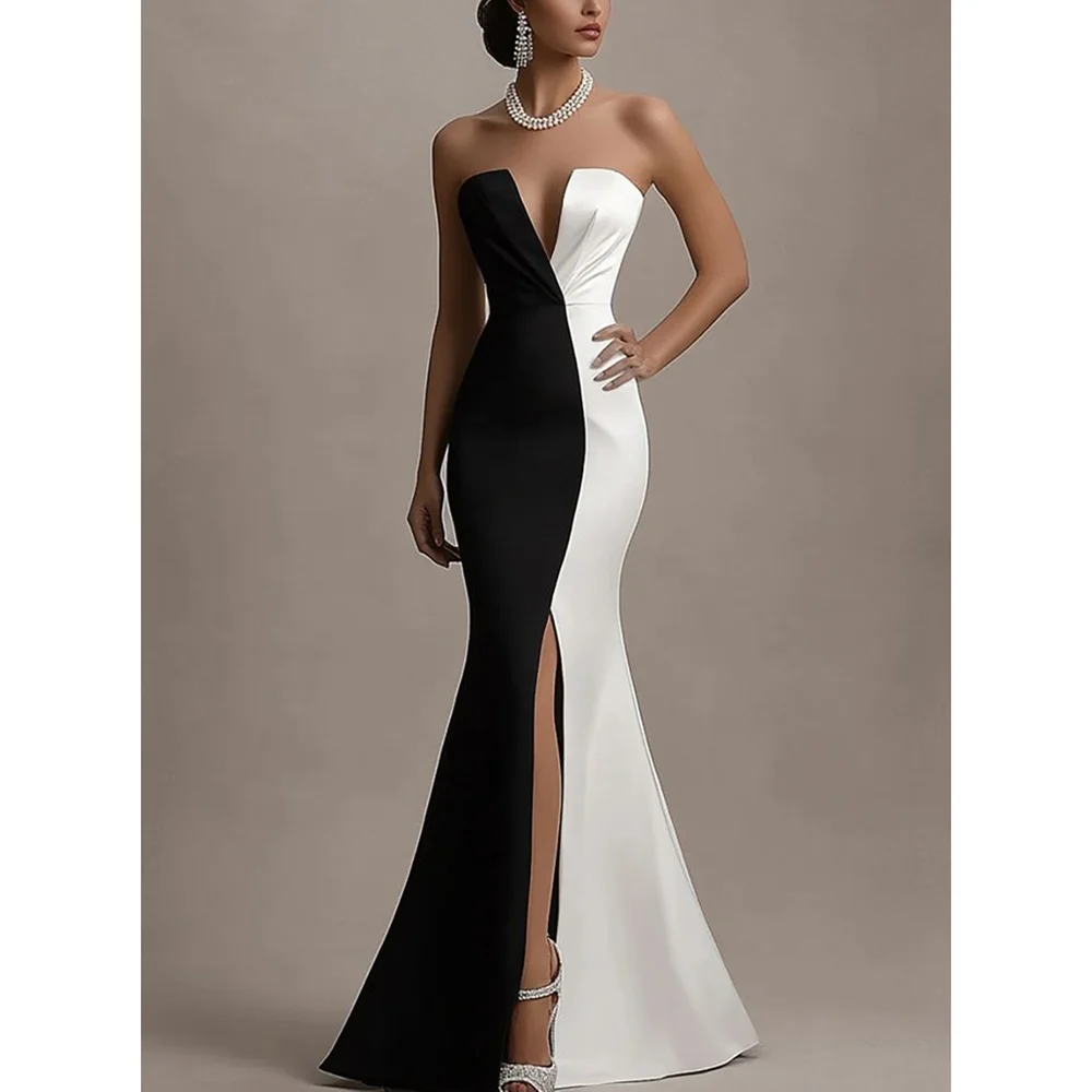 Fashion Patchwork Color Prom Gown Strapless Sleeveless Mermaid Slim Fit Floor Length Evening Dresses