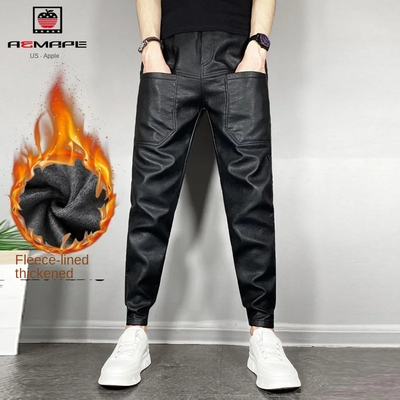 Calça de couro falso casual masculina, calça grossa de motocicleta, velo quente, resistente à água, cavaleiro preto, inverno, nova chegada