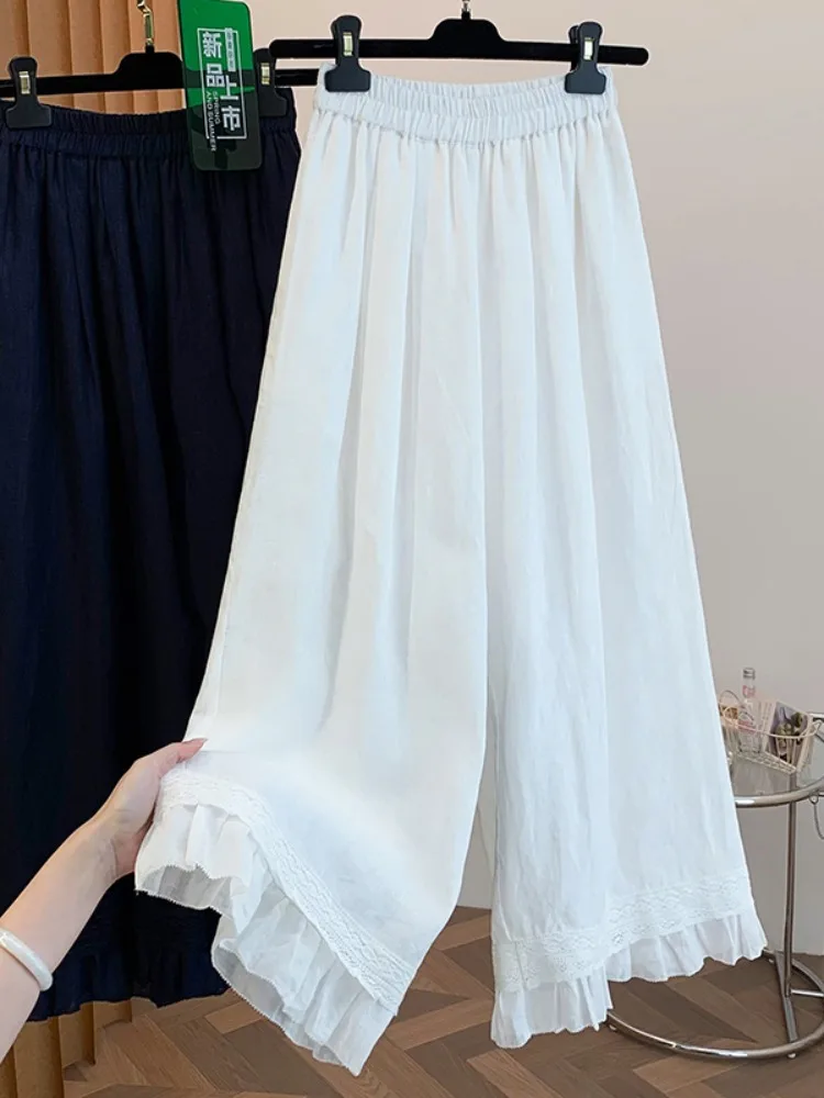 

Korean Style Wide Leg Pants Women's Summer Casual Cotton Linen Pants with Lace Trim And Embroidery at Hem Straight Cut Elasti...