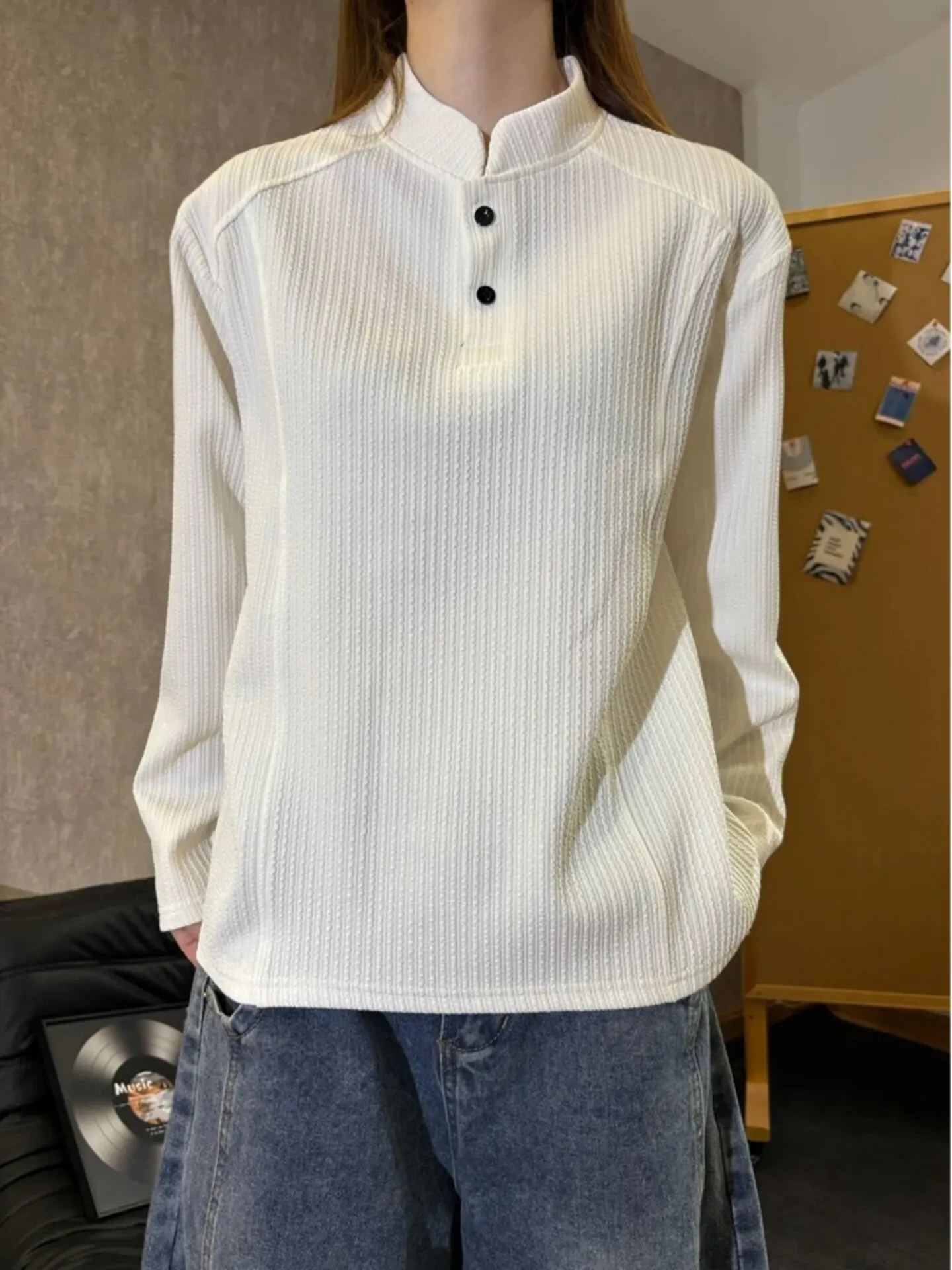 White Long Sleeve Henry Collar T-Shirt Unisex Simple High-End Feeling Base Layer Shirt Texture  Shirt for Youth Daily Wear