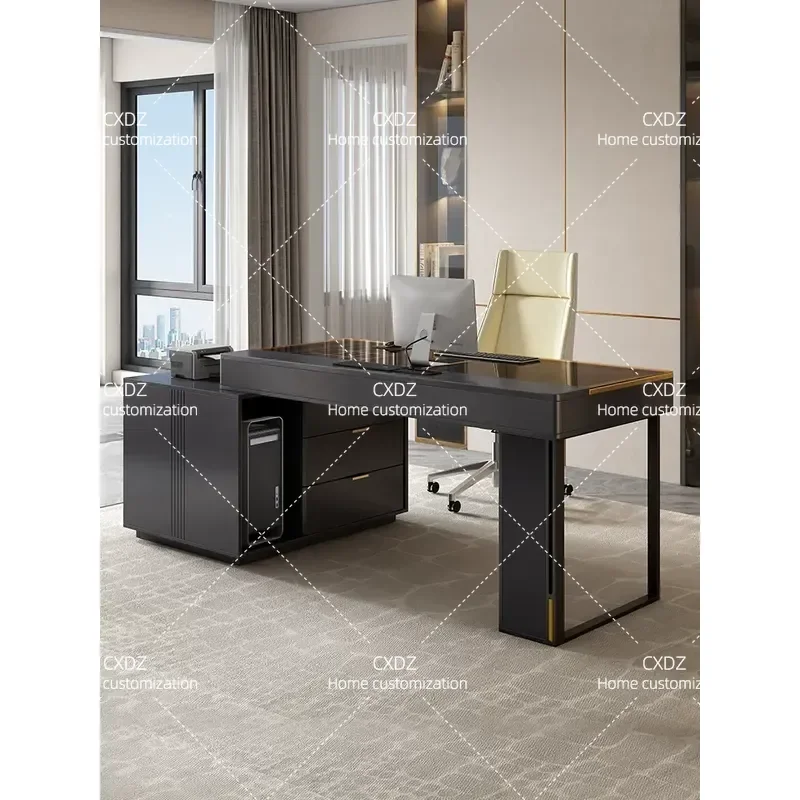 Modern Minimalist Computer Desk with Rock Slab and Glass Top Simple Home Office Study Table for Corner Space High End Design