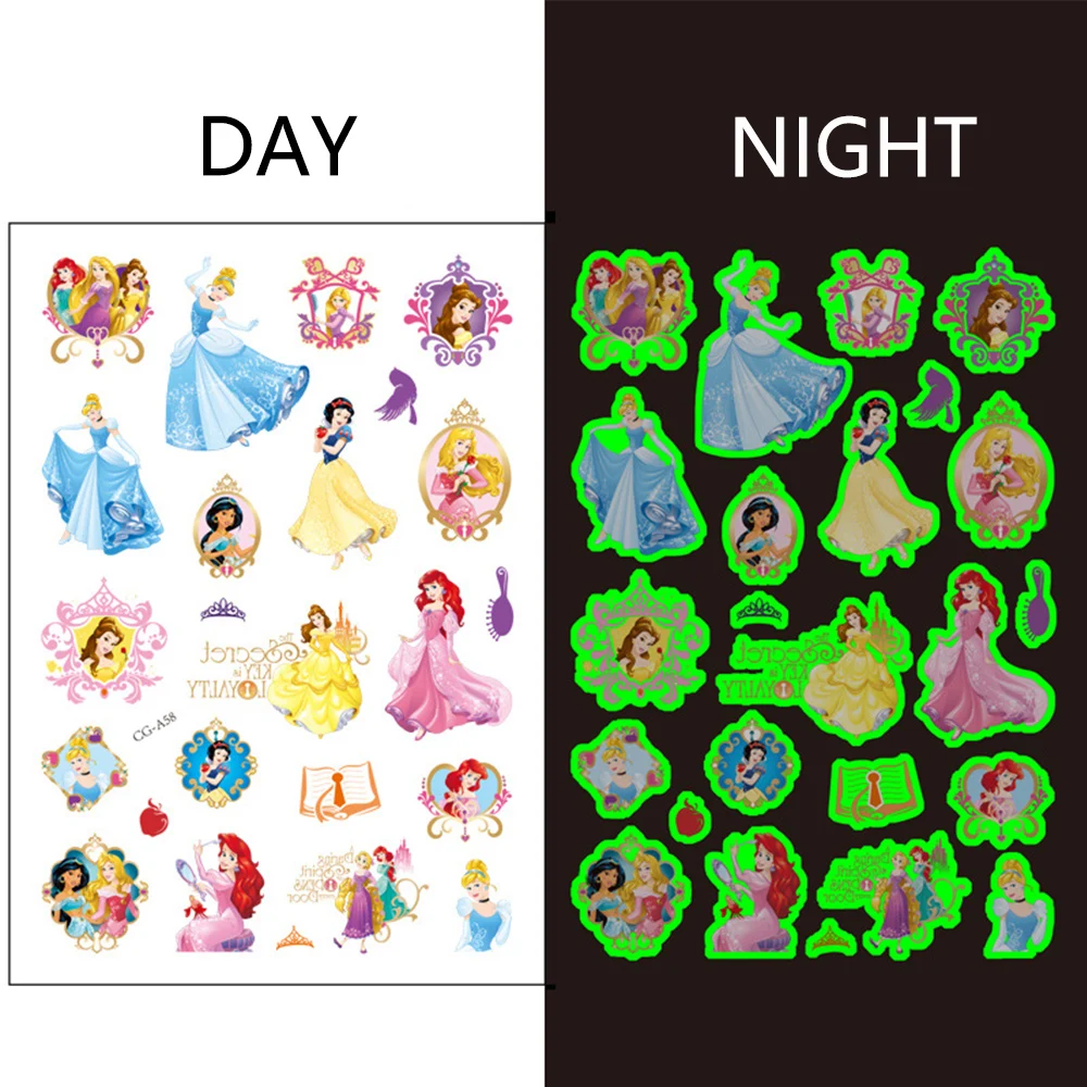 1Pcs Disney Princess Luminous Tattoo Sticker Cartoon Snow White Aurora Children Arm Face Glowing Tattoo Disposable Body Tattoo