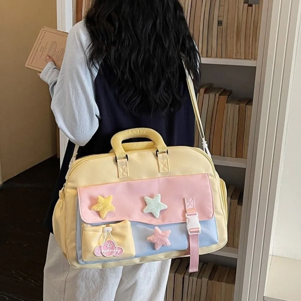 Girly Style Large Capacity Macaron Color Travel Duffle Bag Portable Star Gym Shoulder Bag Multi-pocket Polyester Handbag Women