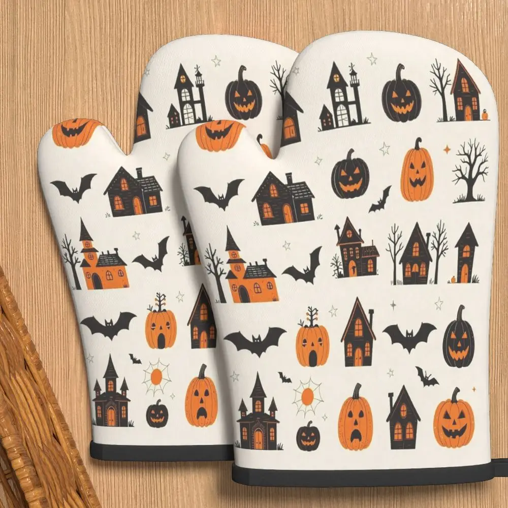2pcs Gothic Bat & Pumpkin Oven Mitts - Dark Style Kitchen Mittens Suitable for Baking, BBQ, Camping, Picnic Machine Washable
