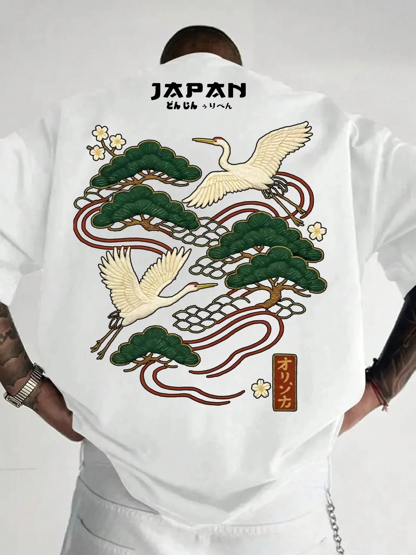 Camisetas de Algodão com Estampa Tsuru Matsu do Japão para o Verão, Camisetas Masculinas de Manga Curta, Oversized, Gola Redonda, Tops Macios, Roupas Casuais Masculinas