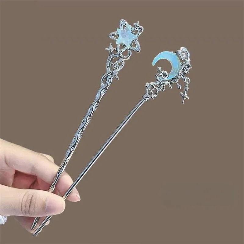 Vintage Moonstone Star Moon Hair Sticks for Women Chinese Style Cross Tassel Hairpin Disk Hair Chopsticks Hair Accessories