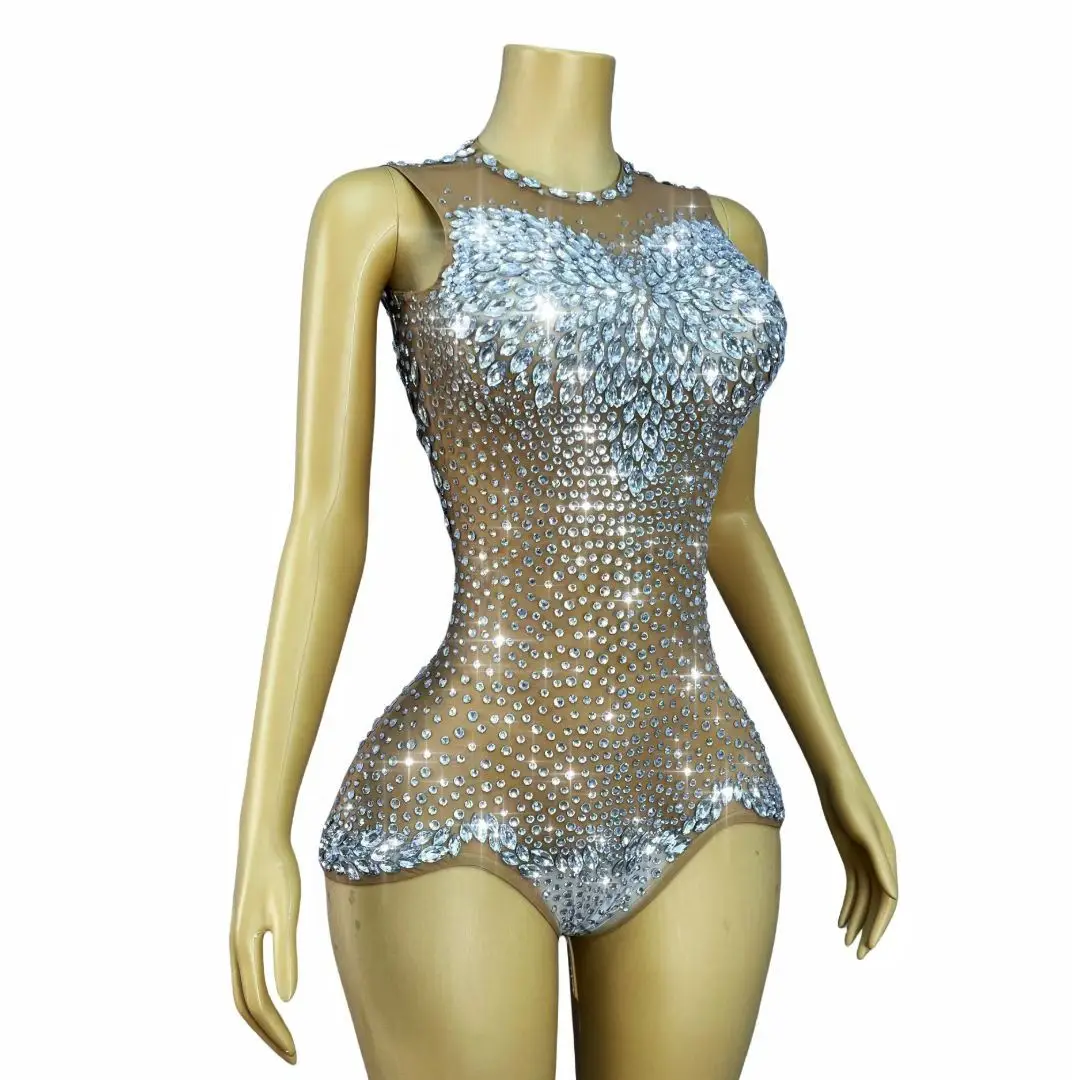 Women Sexy Rhinestones Mesh See Through Bodysuit  Sparkly Backless Sexy Dance Costume Celebrity Nightclub Stage Outfit Xingantou