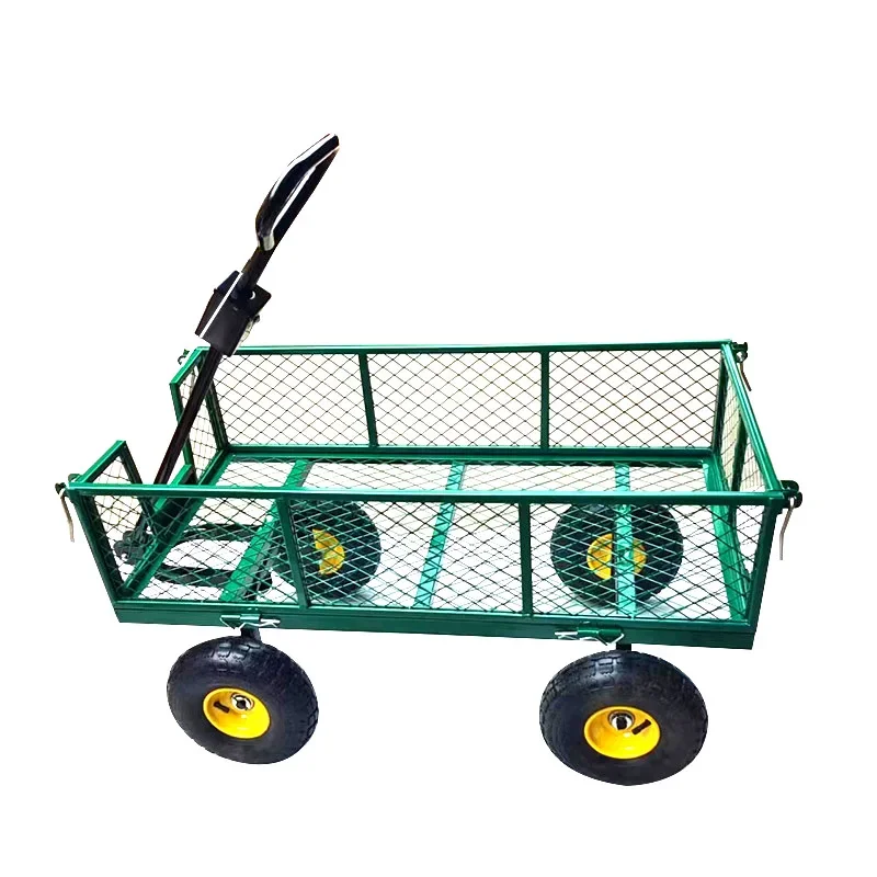 

Outdoor Top Quality Trolley 4 Wheeled Utility Steel Garden Cart Heavy Duty Mesh Garden Wagon Utility Mesh Garden Trailer Cart