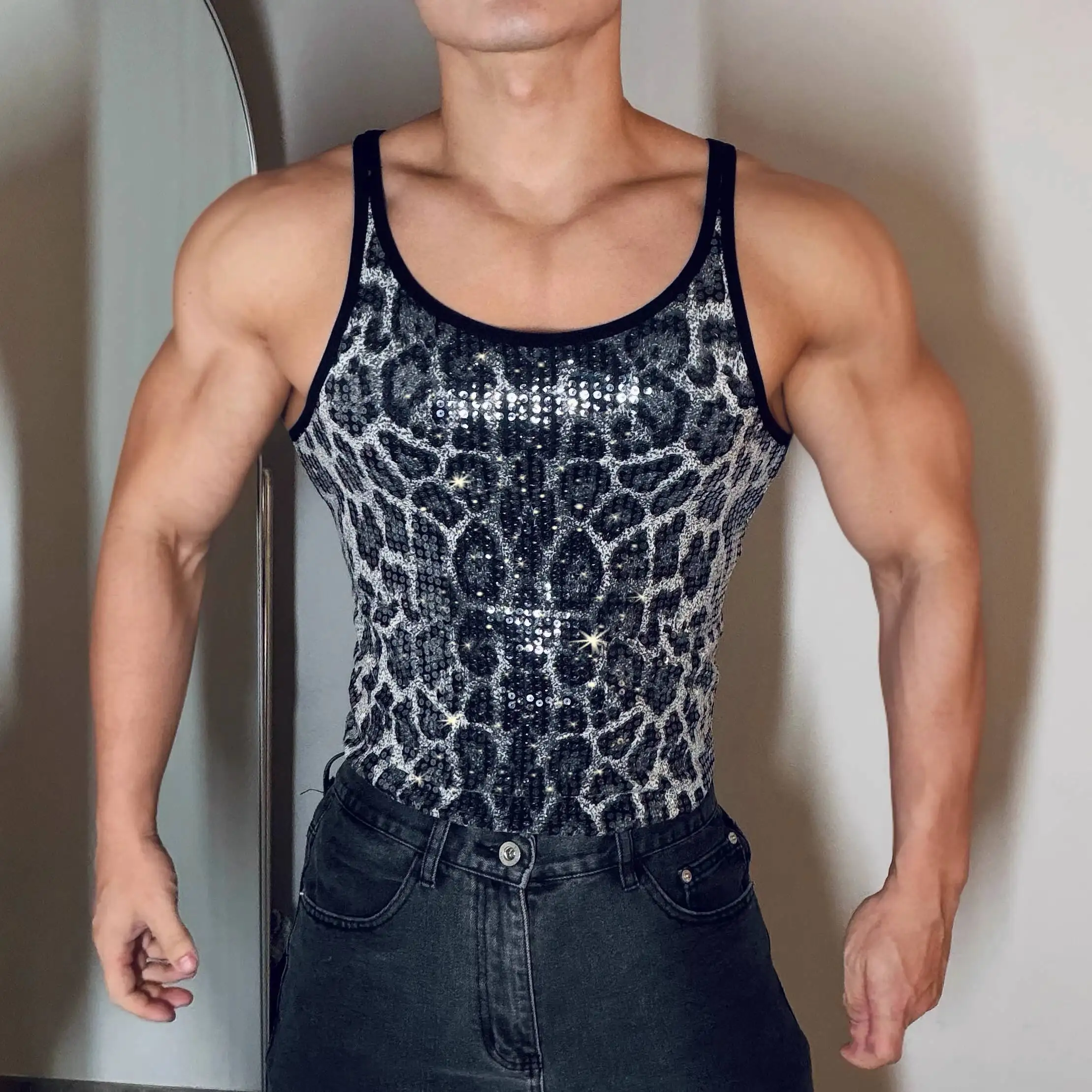 

Glossy snake print sequin sexy fitness party club tank top Vintage black plus size sports t shirt vest