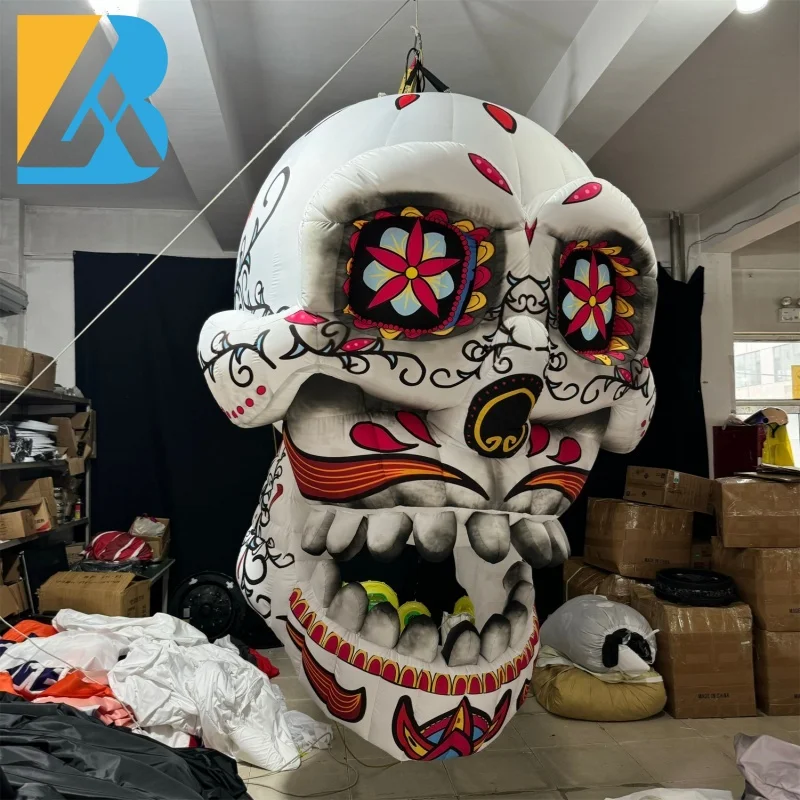 Bespoke Musical Halloween Inflatables Large Blow up Colorful Skull for Ceiling Party Decorations Toys