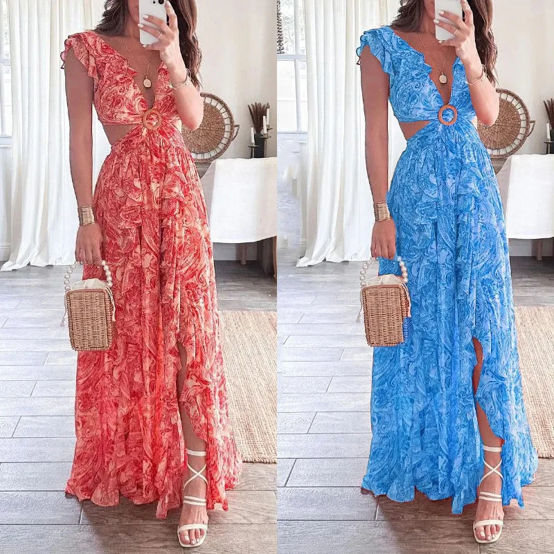 

2025 Summer Printed Deep V-neck Sexy Off-waisted Long Pleated Dress Women's Elegant and Sweet Sleeveless High-waisted Dresses