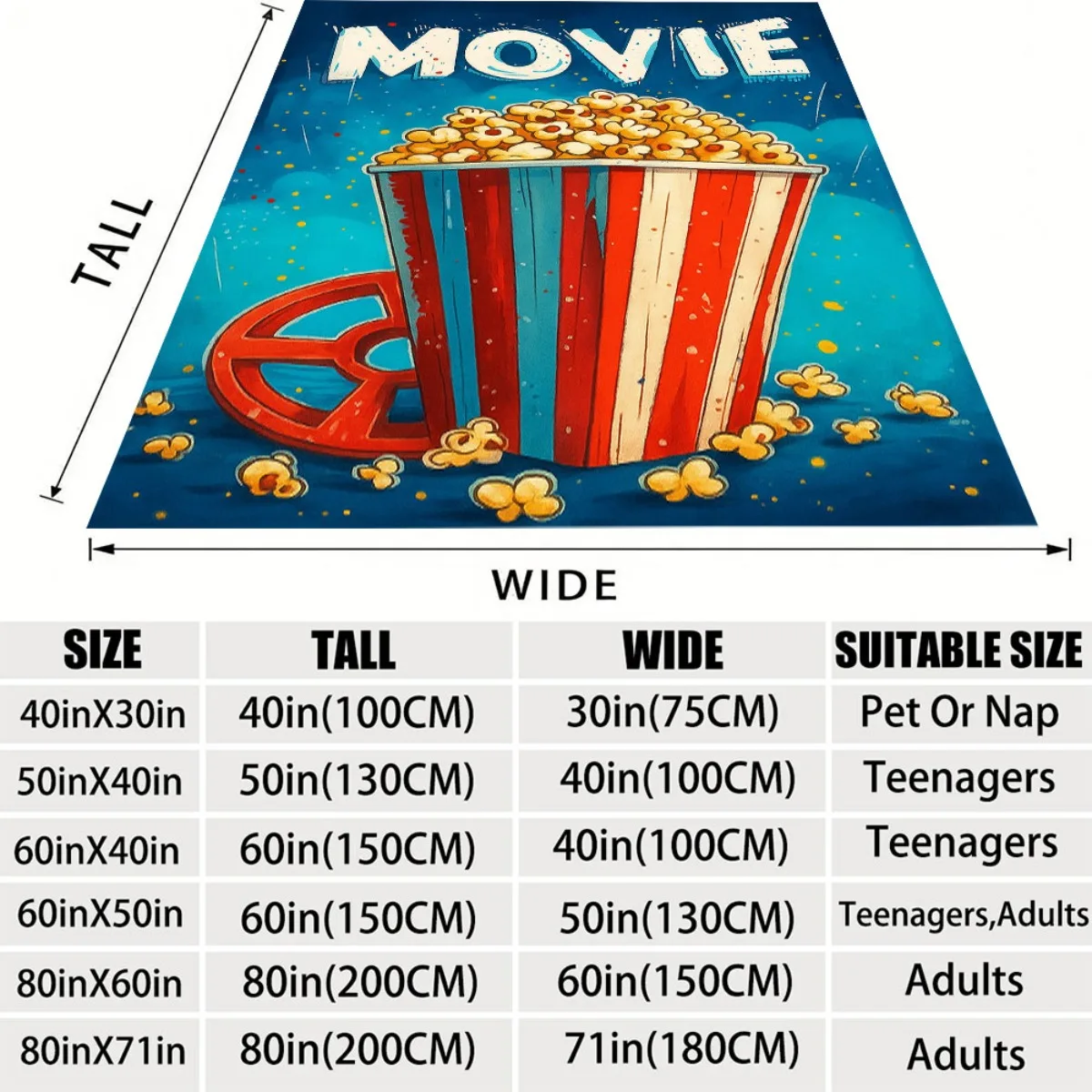 Large Popcorn Theme Flannel Blanket, Hypoallergenic Fabric, Digital Printing, Suitable for All Seasons, Versatile, Fashionable S