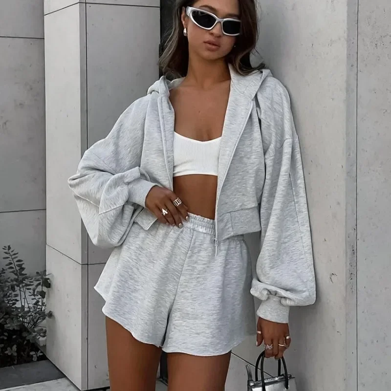 

Autumn European and American Gray Hooded Sweatshirt Loose Shorts Two-piece Set Versatile Casual Sports Top Female Clothing