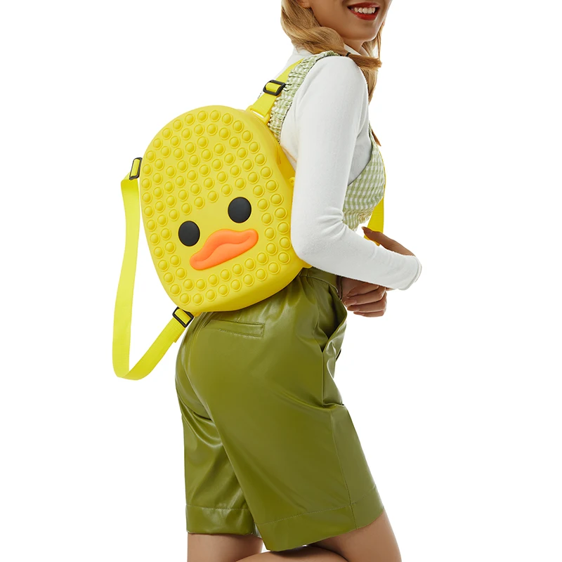 2-in-1 Fidget Backpack Yellow Duck Pop-On-It Backpack Silicon Pop Bubble School Book Bag for Kids with Adjustable Shoulder