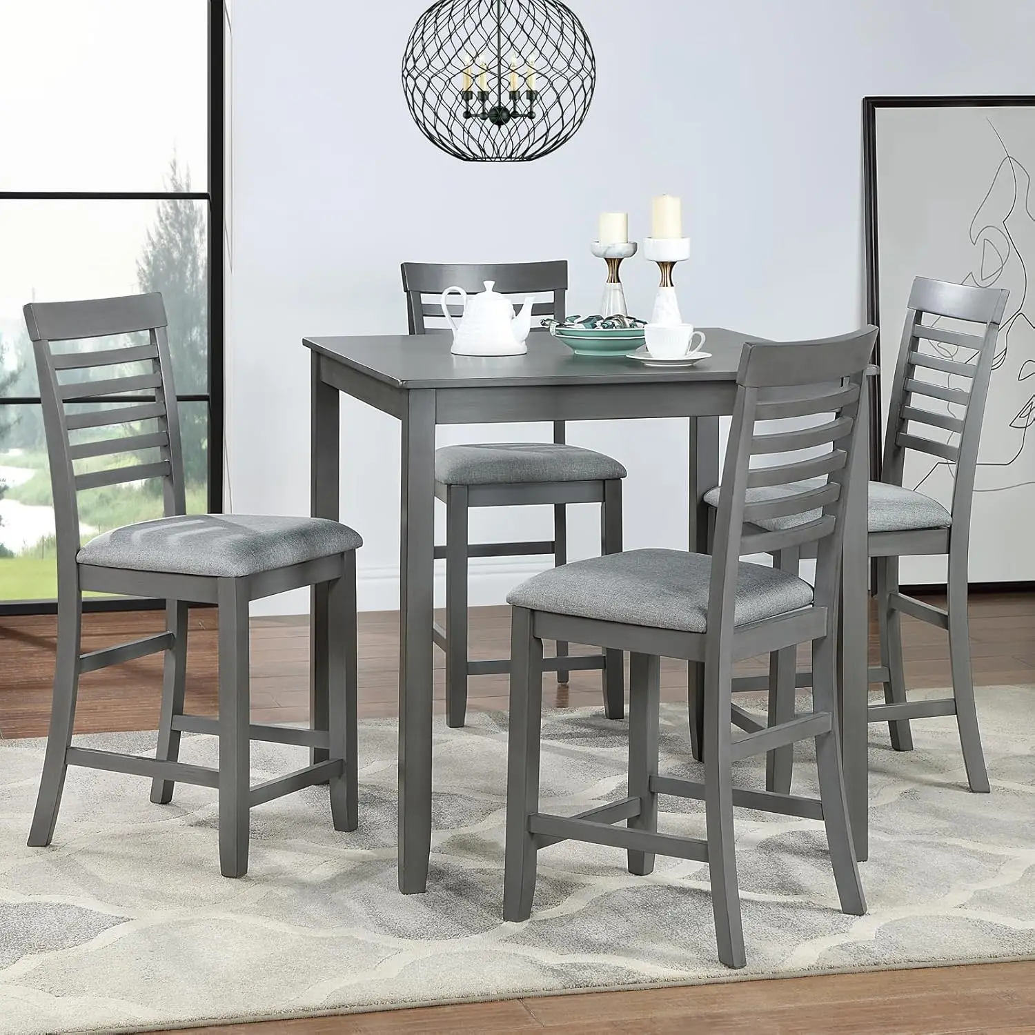 5 Piece Dining Table Set for 4, Farmhouse Counter Height Kitchen Table Set with 4 Upholstered Chairs for Kitchen, Dining Room