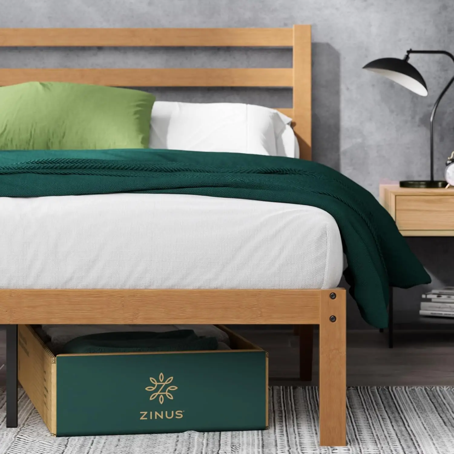 Leah Double Bed frame - Bed 135x190 cm - 35 cm Height with Underbed Storage - Bamboo and Wood Platform Bed frame with Head