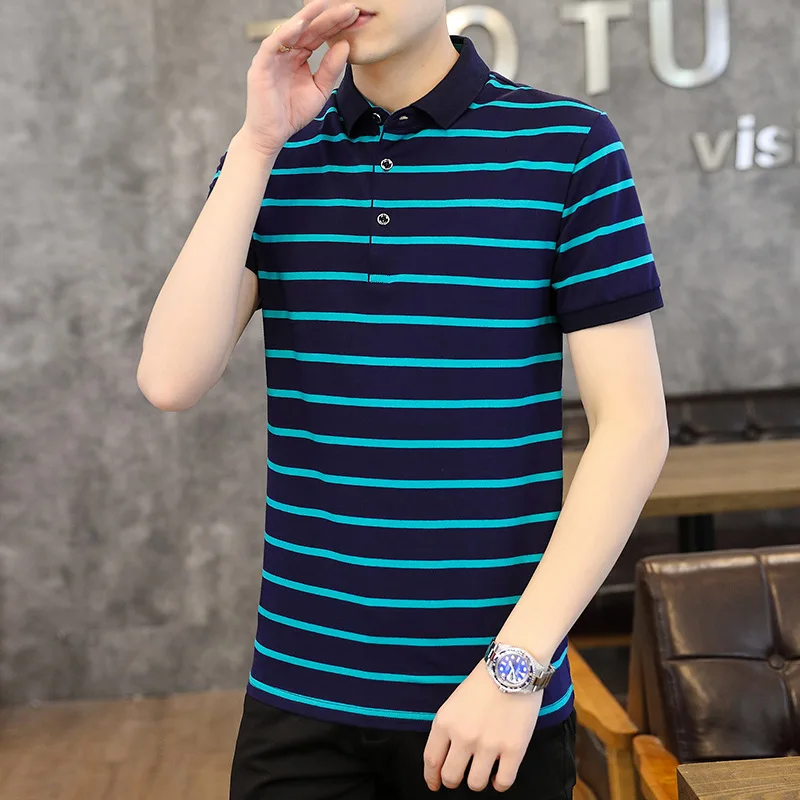 Summer Men's Pullover Lapel Button Stripe Contrast Color Short Sleeve Screw Thread Tee T-shirt Polo Shirt Fashion Formal Tops