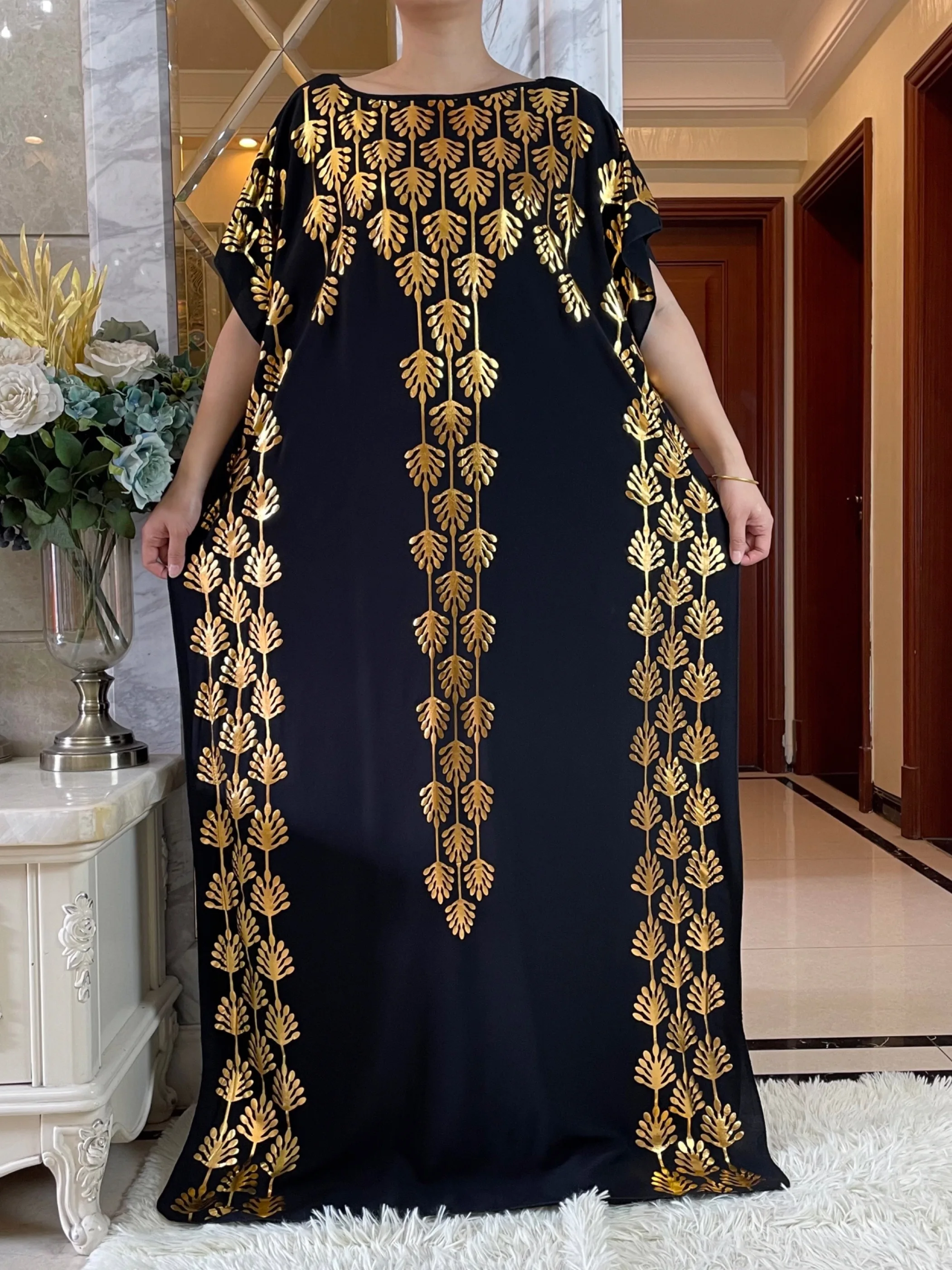 2024Newest Summer Abaya Dress Short Sleeve Cotton Loose Dress With Big Scarf Gold Stamping  Boubou Maxi Islam Women Clothing